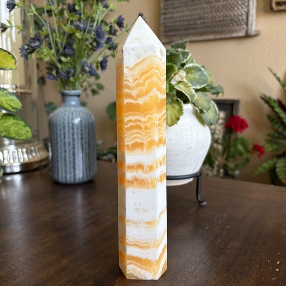 Imperfect - Large Yellow Banded Calcite Tower - 1.77 Pounds and 9.25 Inches Tall - Picture 2 of 13
